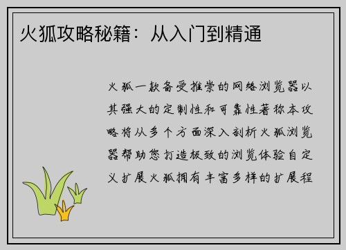 火狐攻略秘籍：从入门到精通